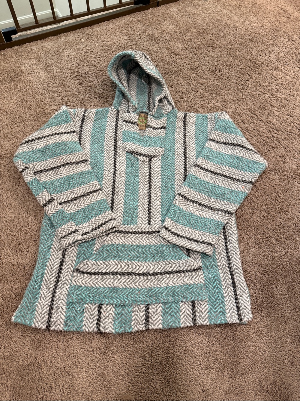 Hooded Striped Baja Pullover in Teal and Cream